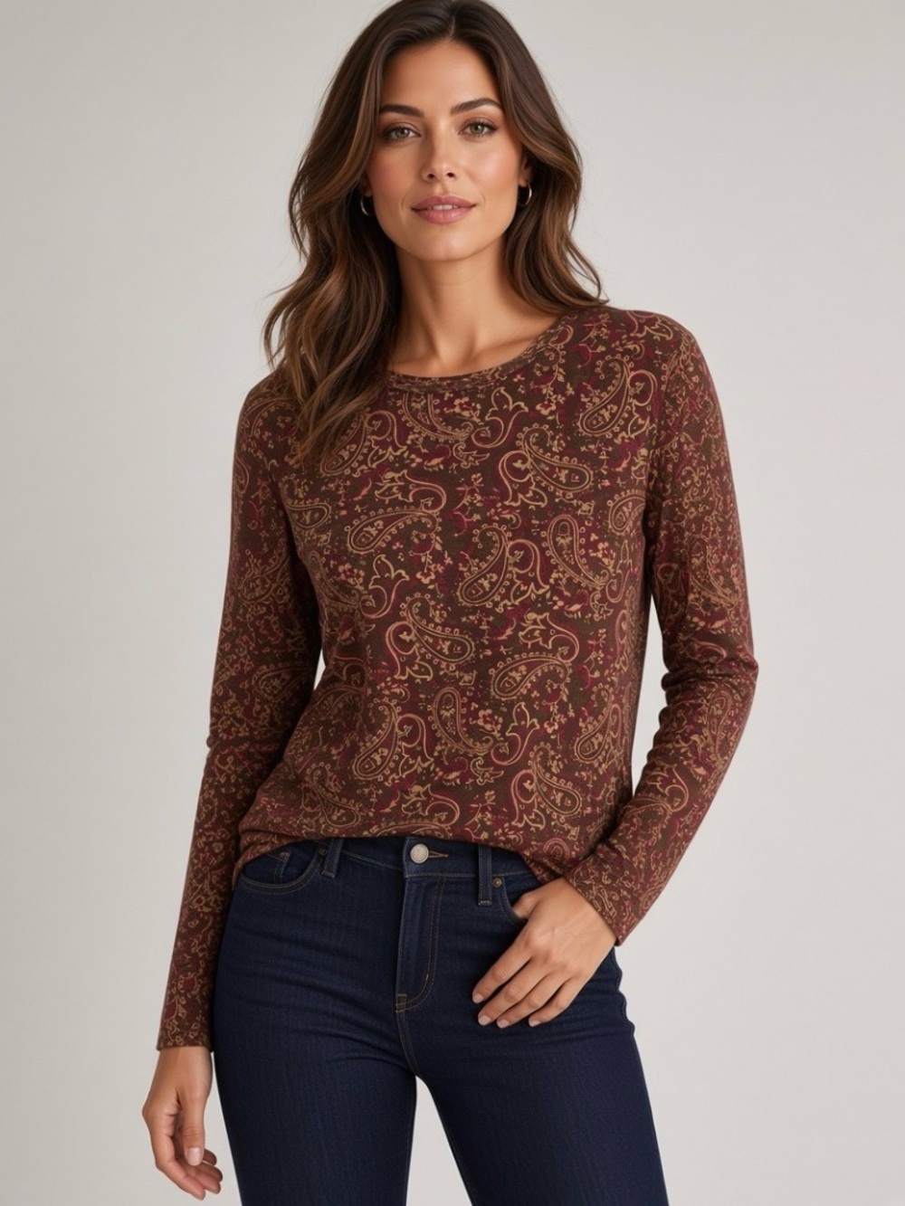 Ralph Lauren Burgundy Paisley Long-Sleeve Crew Top